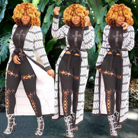 Online Wholesale Loose Printing Long Coat With Belt QQM3548