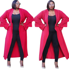 Newest Long Beading Loose Ruffle Sleeves Red Coat SN3463