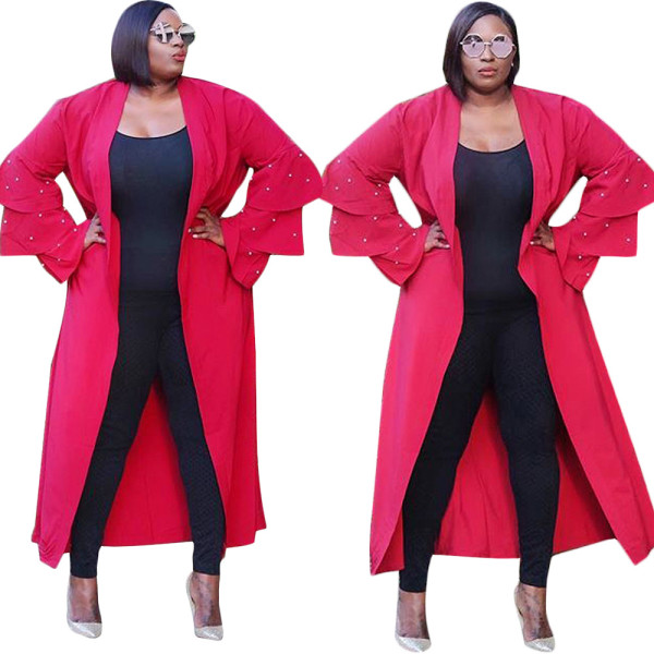 Newest Long Beading Loose Ruffle Sleeves Red Coat SN3463