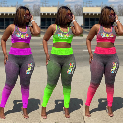 Sexy vest letter burning flower gradient color suit HY5144