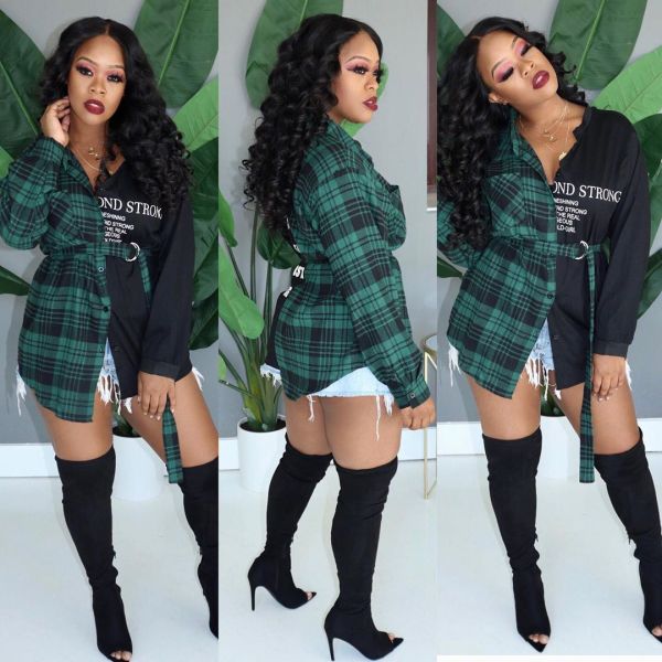 Street Style Irregular Women Plaid Patchwork Tied Shirt MN8079