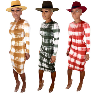 Wholesale Price Stripe Round Collar Tie-Dye Midi Dress AMM8195