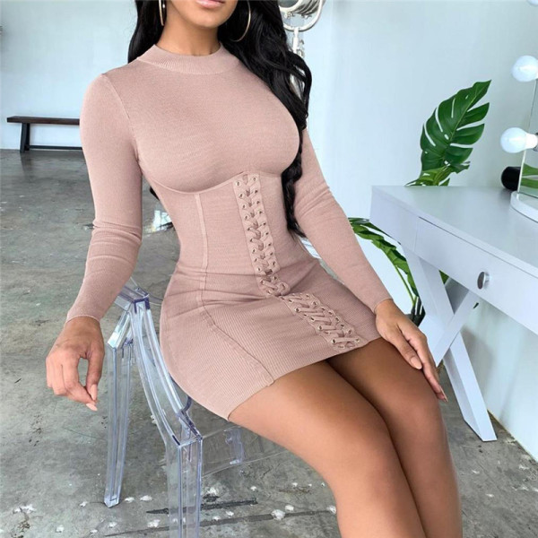 Fall/winter women's round neck long-sleeved strap slim dress women D1738032