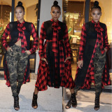 Stylish Ladies Oversize Mesh Splicing Plaid Dress With Belt ALS160