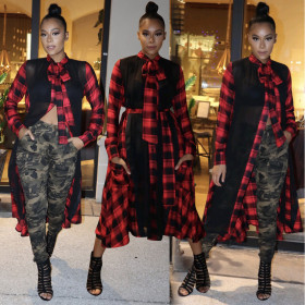 Stylish Ladies Oversize Mesh Splicing Plaid Dress With Belt ALS160