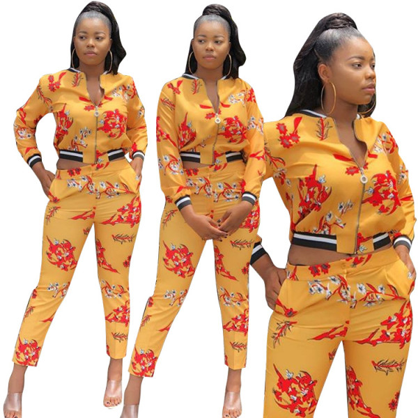 Flower Print Two Pieces Sets Women Suits F8163