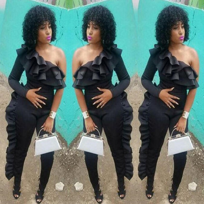 Black Ruffle One Shoulder Bodycon Jumpsuits MR154
