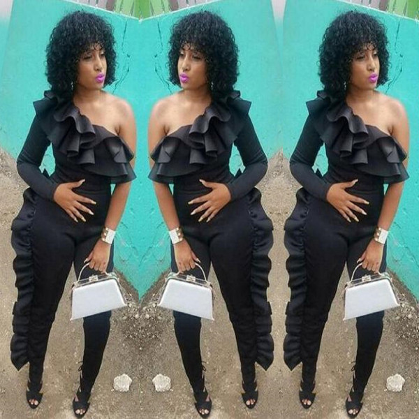Black Ruffle One Shoulder Bodycon Jumpsuits MR154