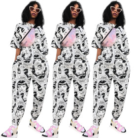 Printing Sport Suits Half Sleeves T-Shirt Elastic Pencil Pants ED8037