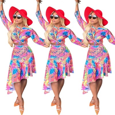 Cheap Irregular Floral Printing Leisure Skirt Suits YMT6101