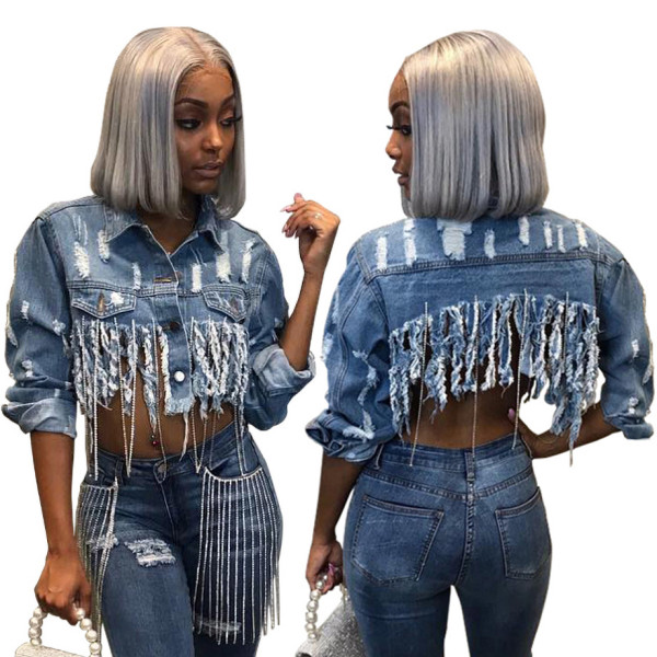 Hot Ripped Jean Outerwear Bodycon Acid?Washes Mini Jacket SMR9522