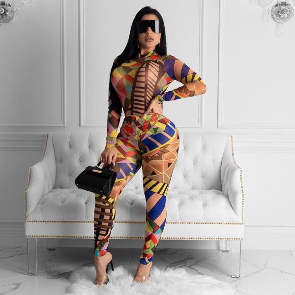 New Style Women Geometric Pattern Colorful Pants Suits YSH6118