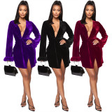 Euramerican Flared Sleeved Velvet Sexy Deep V Neck Mini Dress GL6223