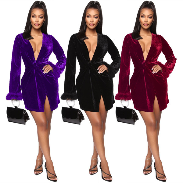 Euramerican Flared Sleeved Velvet Sexy Deep V Neck Mini Dress GL6223