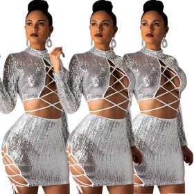 Sexy Women Bandage Shiny Bodycon Skirt Suits E8225