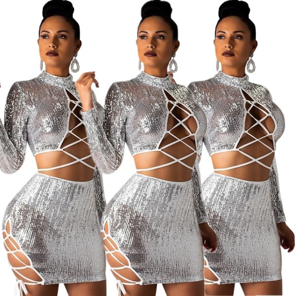 Sexy Women Bandage Shiny Bodycon Skirt Suits E8225