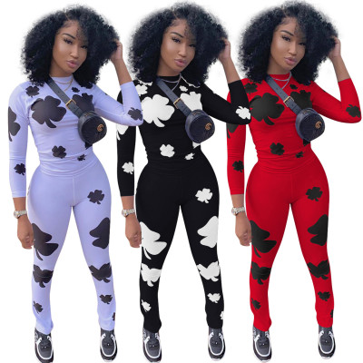 Casual Pattern Printed Round Neck Long Sleeves Top With Trousers Two Piece Sets FE028