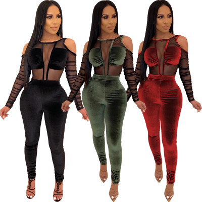 Winter Plain Color Slim Mesh Patchwork Cold-Shoulder Jumpsuit R6245