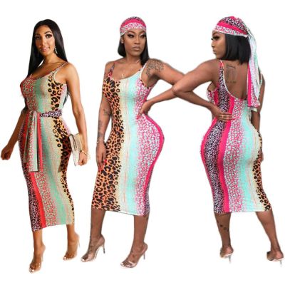 Cheap Printing Slim Strappy Midi Dress With Kerchief YX9129