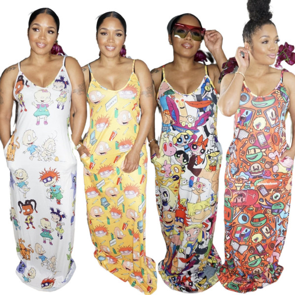 Sexy Women's Cute Cartoon Printed Sling Mopping Ladies Dress KZ135