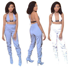 Hot Sale Reflective Sets Bandage Bra Top Skinny Pants T3367H