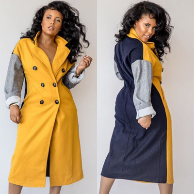 Trendy Winter Color Patchwork Turn-Down Collar Long Coat BN9200
