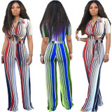 Turn-Down Collar Tied Top Stripe Wide Leg Pants OMY5137