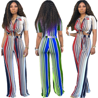 Turn-Down Collar Tied Top Stripe Wide Leg Pants OMY5137