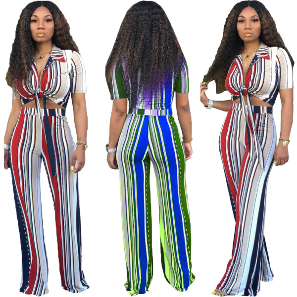 Turn-Down Collar Tied Top Stripe Wide Leg Pants OMY5137
