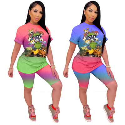 Gradient cartoon print loose casual two-piece suit TK6072
