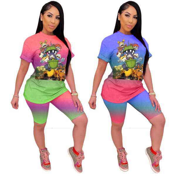 Gradient cartoon print loose casual two-piece suit TK6072
