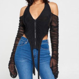 Sexy Solid Color Zipper V-Neck Strapless Backless Mesh Sleeves Mini Top K20546T