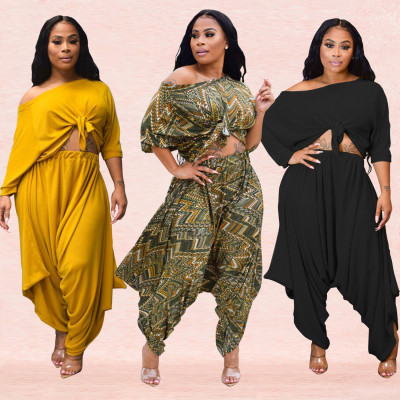 Oblique Shoulder Tied T-Shirt Harem Pants Loose Casual Sets XZ3312