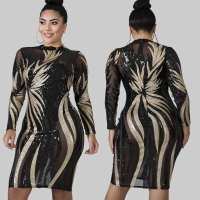 Large size women's sequins series tight-fitting hip dress YF1101