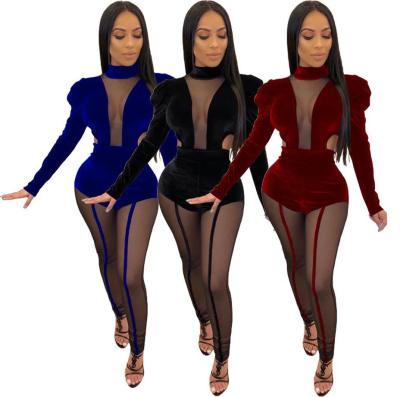 Sexy Bodycon Transparent Mesh Patchwork Velvet Jumpsuit LA3164