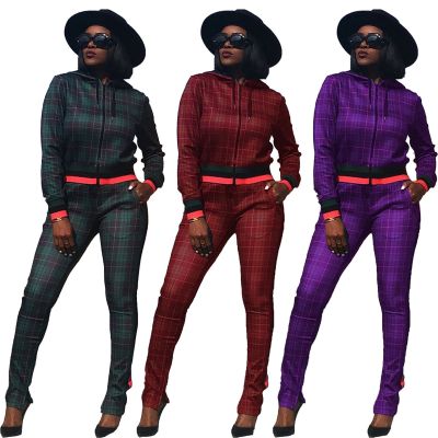 Mature Women Slim Bodycon Plaid Hooded Outfits With Zipper HR8079