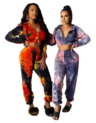 Zipper Hooded Crop Top Elastic Waist Pants Printed Sets OMY5181