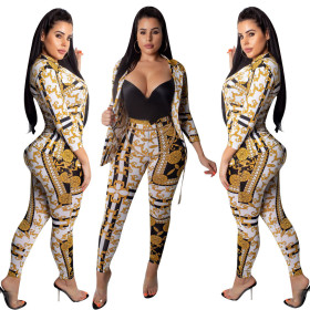 Club 2 Pieces Suits Printing Coat Slim Bodycon Pants OEP5258