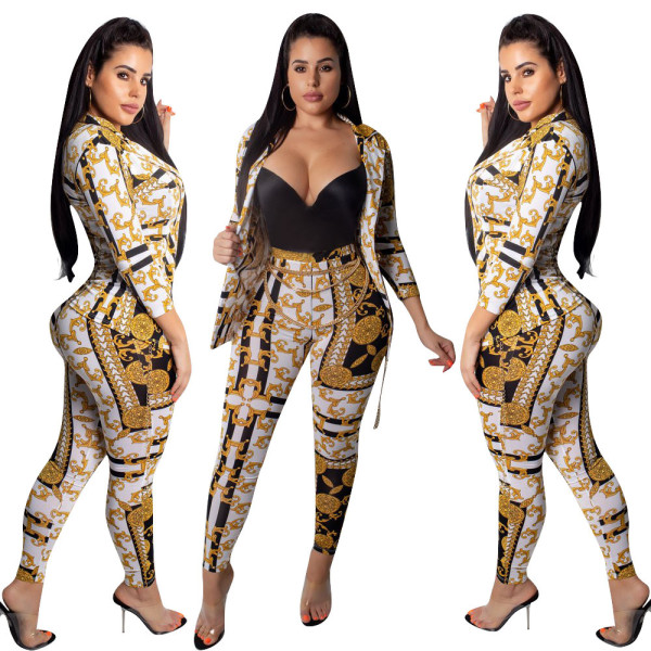Club 2 Pieces Suits Printing Coat Slim Bodycon Pants OEP5258