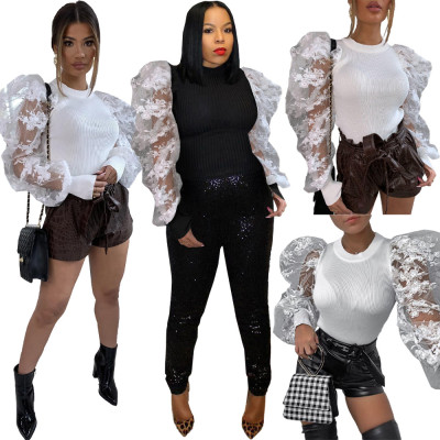 Stylish White/Black Perspective Bubble Sleeved Bodycon Top DN8339