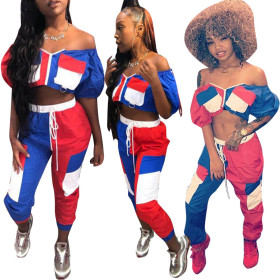 Hot Style Color Patchwork Suits Dew Shoulder Top Elastic Pants F8138