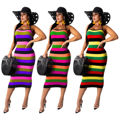 Sexy Knitting Striped Printed Suspender Bodycon Midi Dress TS1056