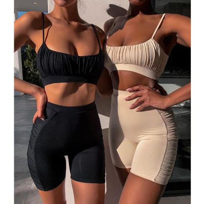 Strap pleated casual shorts suit sexy tight two-piece suit female MY9635