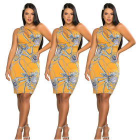 Sexy Printed Shoulder Waist Dress cl6004