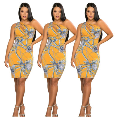 Sexy Printed Shoulder Waist Dress cl6004