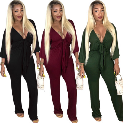 Wholesale Garments Solid Color V Neck Bandage Jumpsuit SY8282