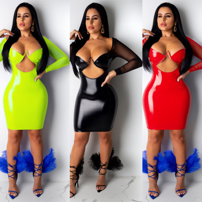 Mesh leather solid color dress SFYZ051