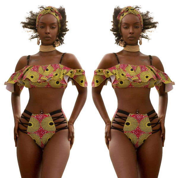 Ruffle Condole Belt Top Printing Hollow Out Panties D8274