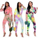 Fashion Tie Dye Printed Long Sleeves Shirt With Trousers Two Piece Set KZ168
