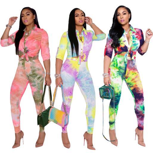 Fashion Tie Dye Printed Long Sleeves Shirt With Trousers Two Piece Set KZ168